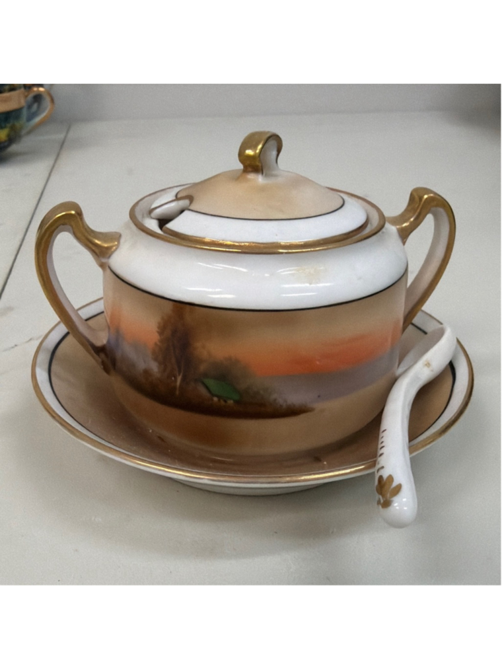 Vintage Noritake Hand-painted Lidded Sugar Bowl w/Sooon! Made in Japan.